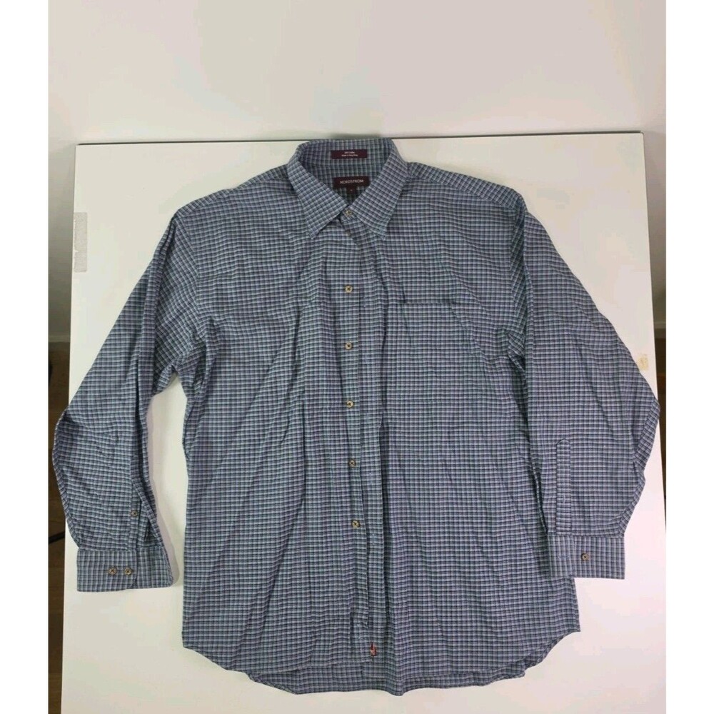 Vintage Nordstrom Men's Button-Up Shirt Blue Blocks XL Business Cotton 90s Mall